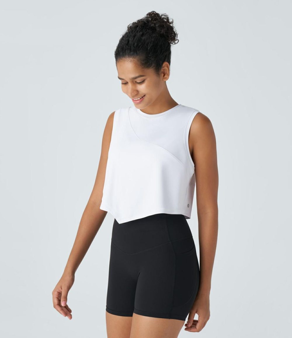 Contrast Mesh Asymmetric Hem Cropped Running Tank Top  | Womens  Cropped Tops Clothing Cropped Tops