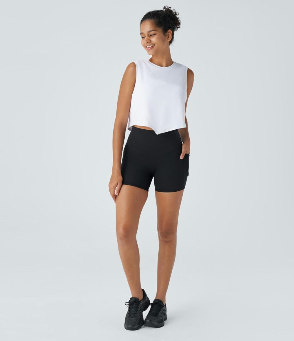 Contrast Mesh Asymmetric Hem Cropped Running Tank Top  | Womens  Cropped Tops Clothing Cropped Tops