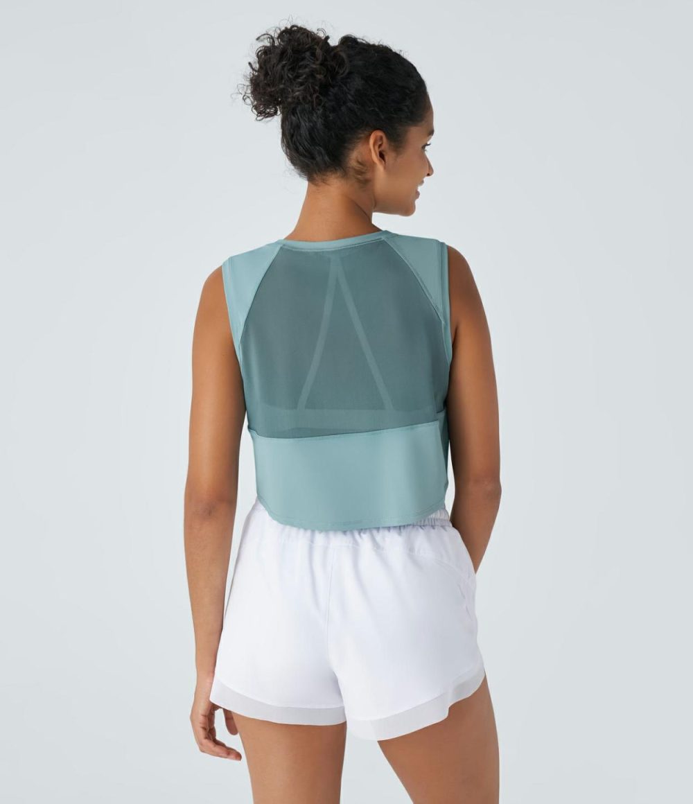 Contrast Mesh Asymmetric Hem Cropped Running Tank Top  | Womens  Cropped Tops Clothing Cropped Tops