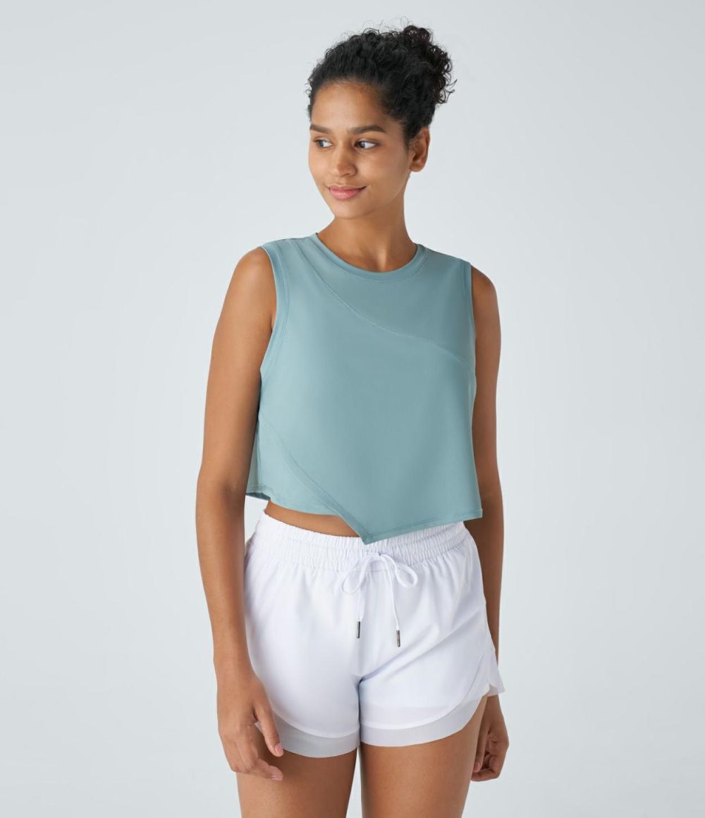 Contrast Mesh Asymmetric Hem Cropped Running Tank Top  | Womens  Cropped Tops Clothing Cropped Tops