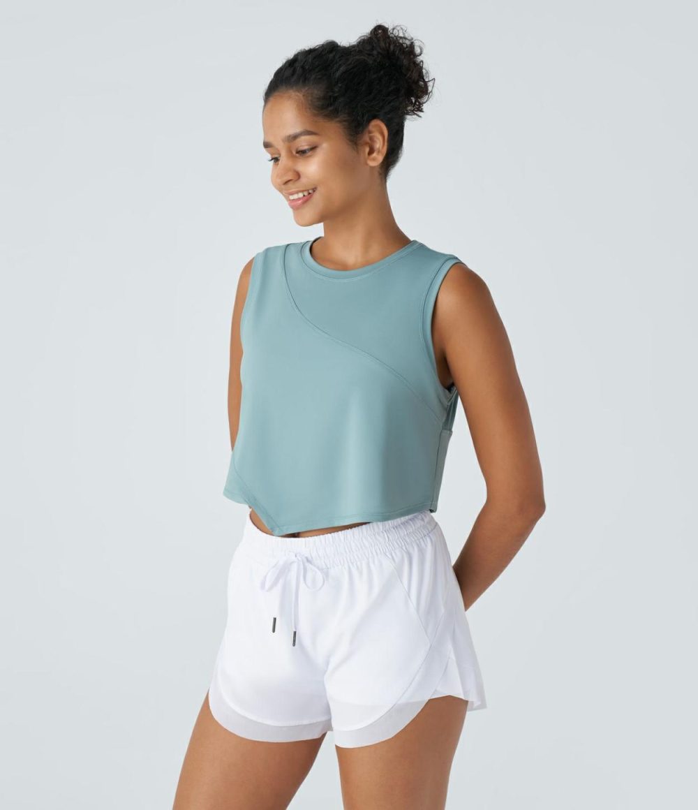 Contrast Mesh Asymmetric Hem Cropped Running Tank Top  | Womens  Cropped Tops Clothing Cropped Tops