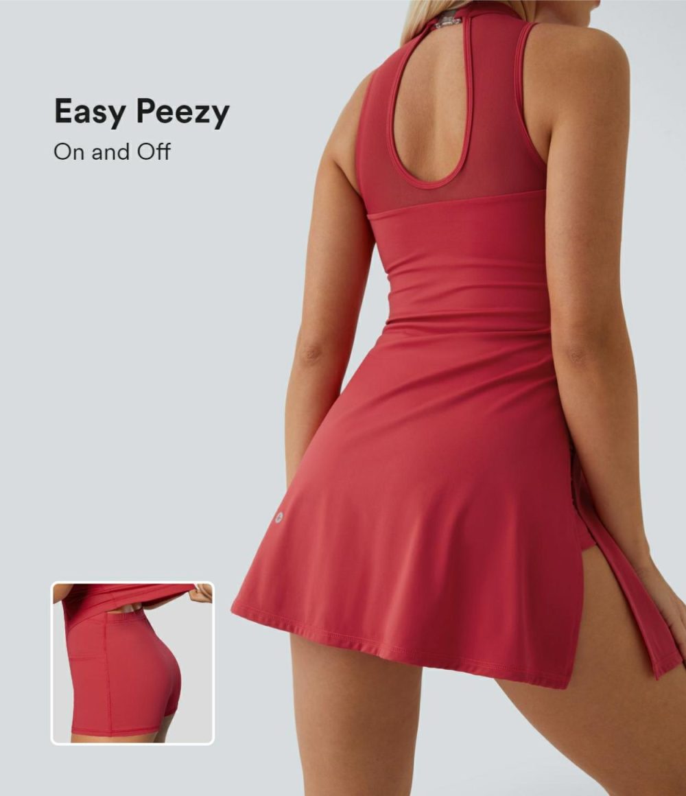 Contrast Mesh Buckle Backless Split 2-in-1 Side Pocket Dance Active Dress-Easy Peezy Edition  | Womens  Active Dresses Active Dresses Active Dresses