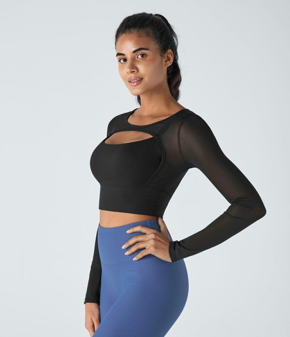 Contrast Mesh Cut Out 2-in-1 Cropped Skinny Yoga Sports Top  | Womens  Sports Tops Clothing Black