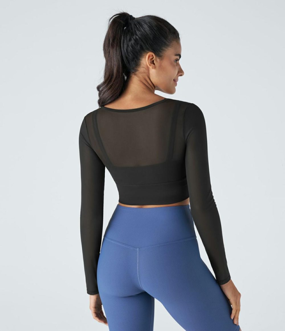 Contrast Mesh Cut Out 2-in-1 Cropped Skinny Yoga Sports Top  | Womens  Sports Tops Clothing Black