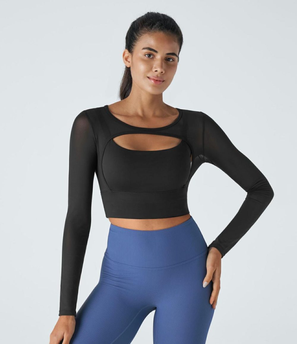 Contrast Mesh Cut Out 2-in-1 Cropped Skinny Yoga Sports Top  | Womens  Sports Tops Clothing Black