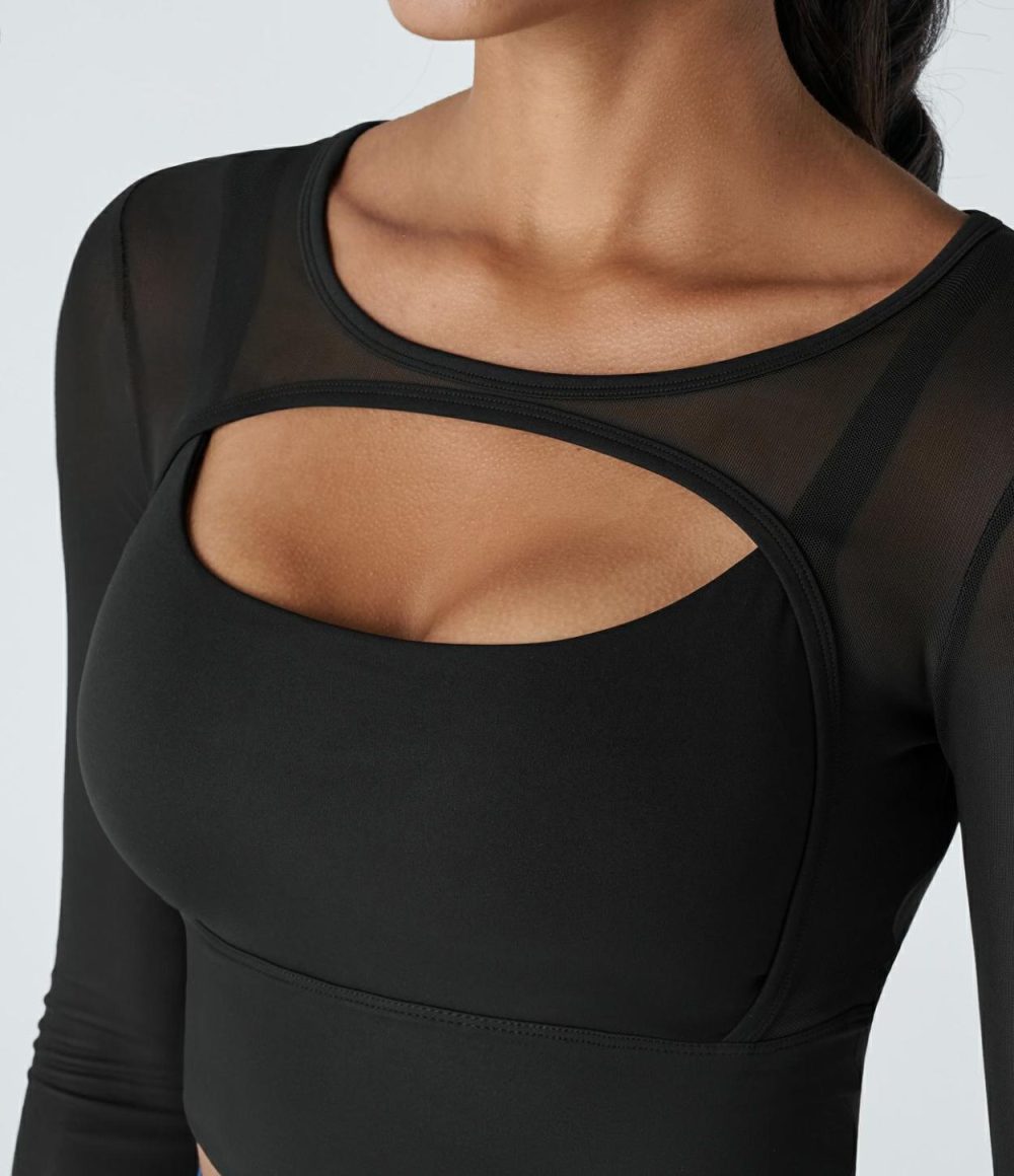 Contrast Mesh Cut Out 2-in-1 Cropped Skinny Yoga Sports Top  | Womens  Sports Tops Clothing Black