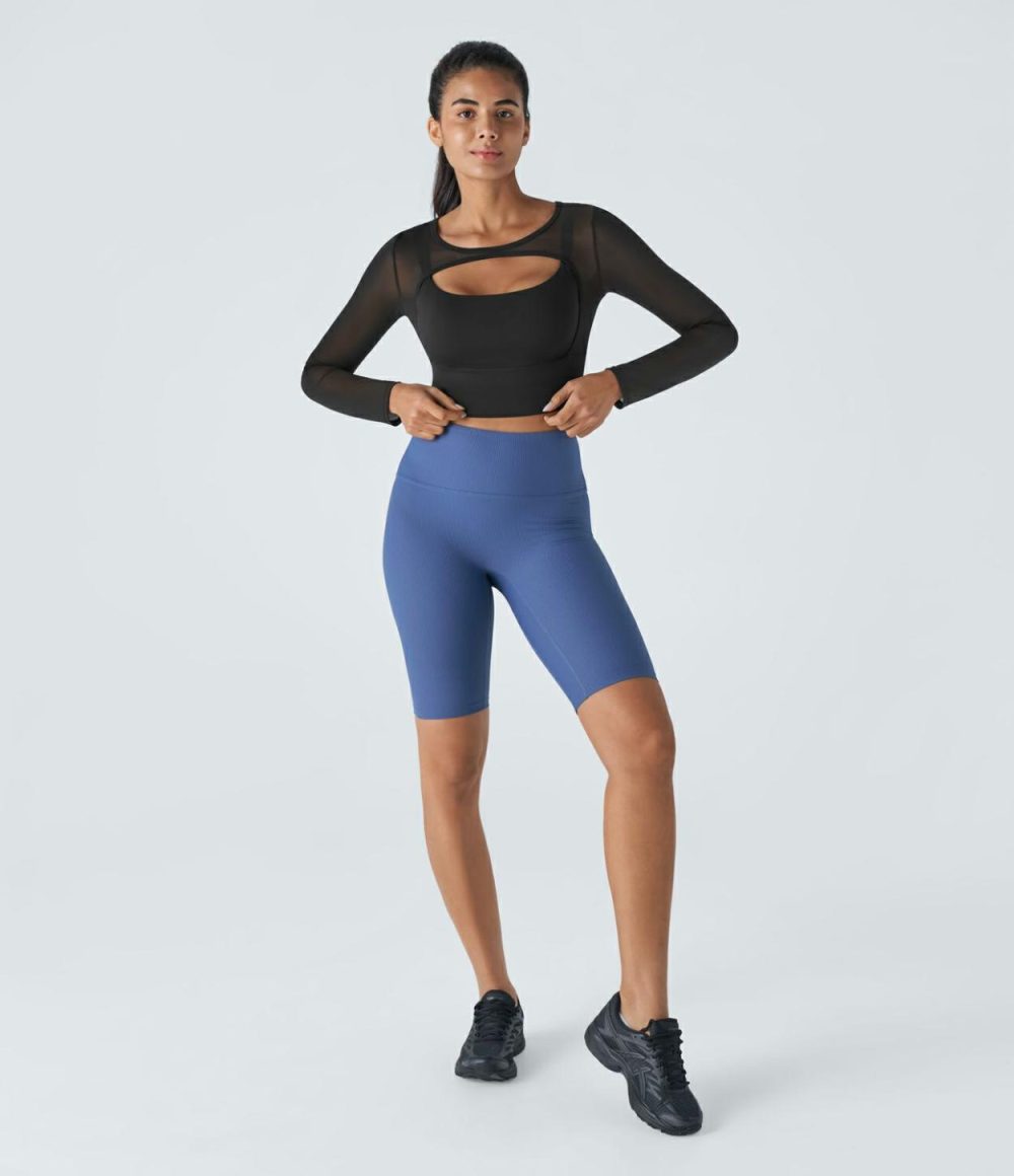 Contrast Mesh Cut Out 2-in-1 Cropped Skinny Yoga Sports Top  | Womens  Sports Tops Clothing Black