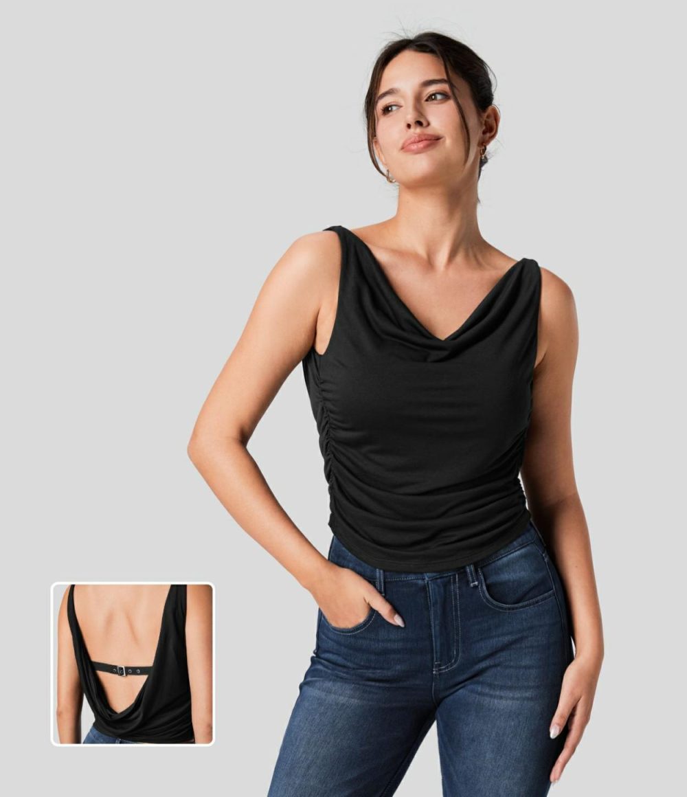 Cowl Neck Backless Adjustable Buckle Ruched Casual Tank Top  | Womens  T-Shirts Clothing Black/White