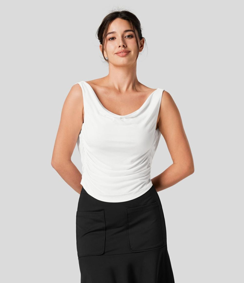 Cowl Neck Backless Adjustable Buckle Ruched Casual Tank Top  | Womens  T-Shirts Clothing Black/White