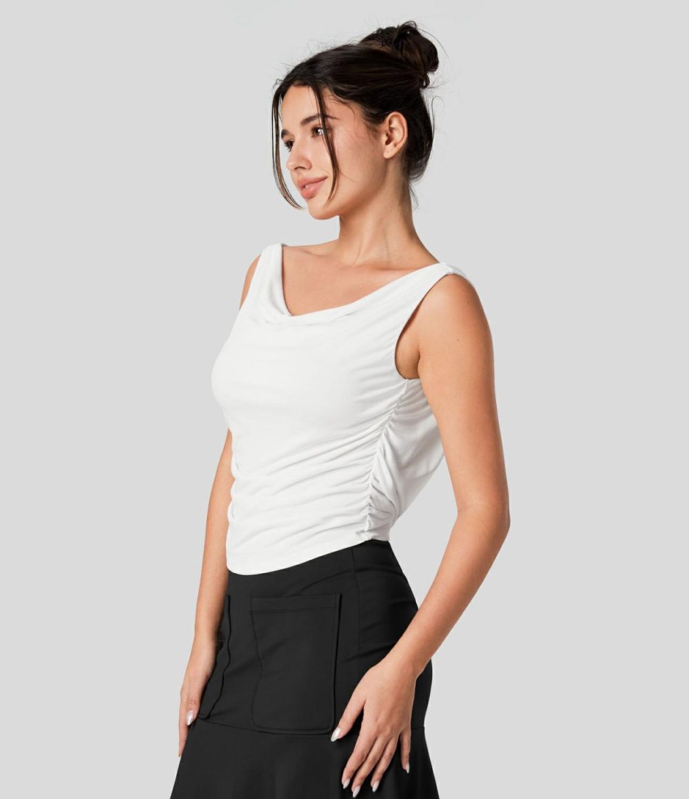 Cowl Neck Backless Adjustable Buckle Ruched Casual Tank Top  | Womens  T-Shirts Clothing Black/White