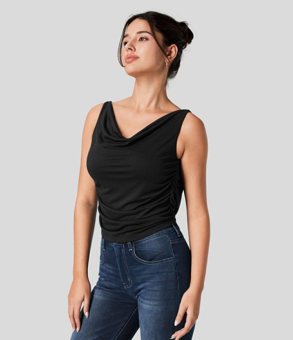 Cowl Neck Backless Adjustable Buckle Ruched Casual Tank Top  | Womens  T-Shirts Clothing Black/White