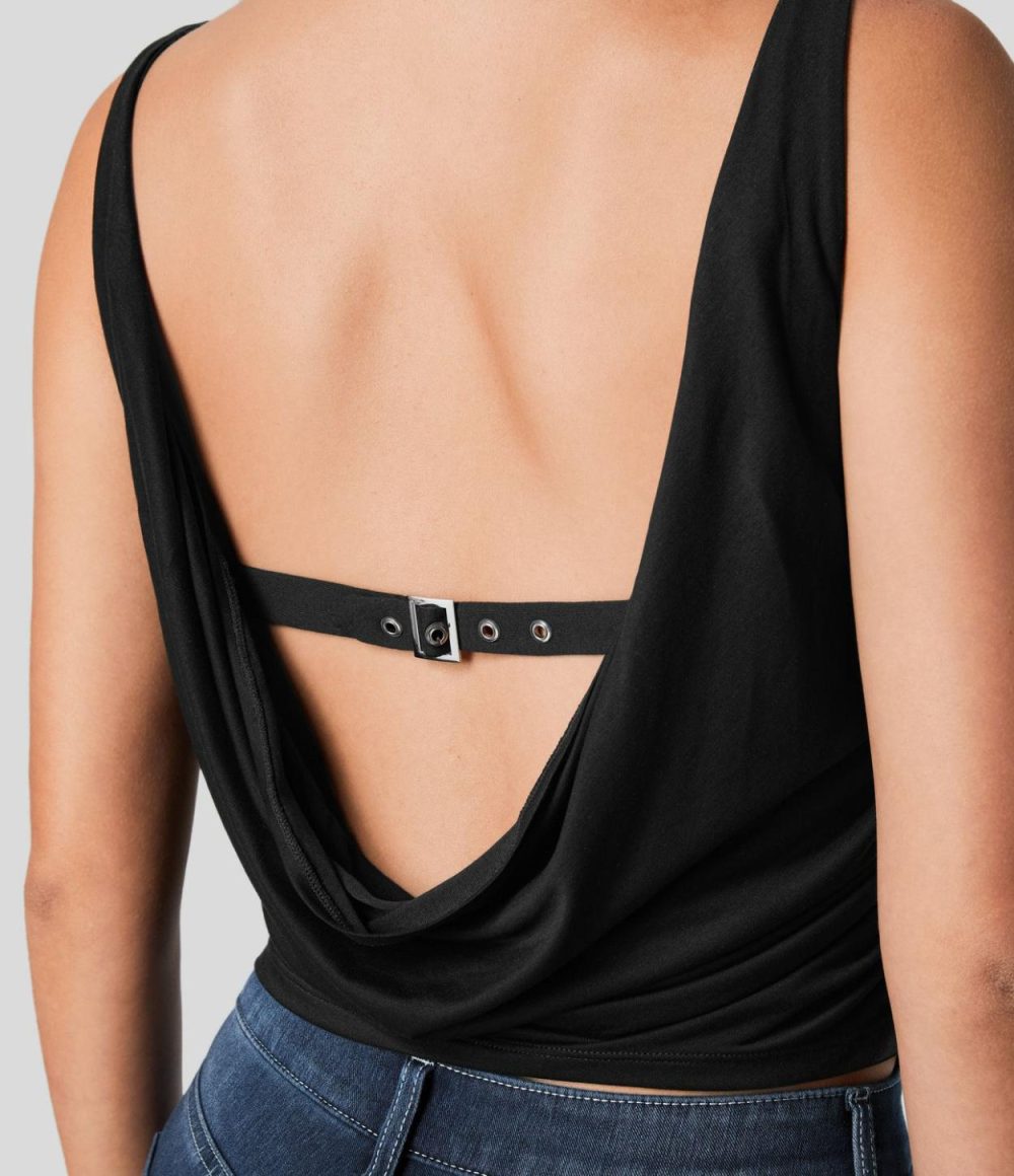 Cowl Neck Backless Adjustable Buckle Ruched Casual Tank Top  | Womens  T-Shirts Clothing Black/White