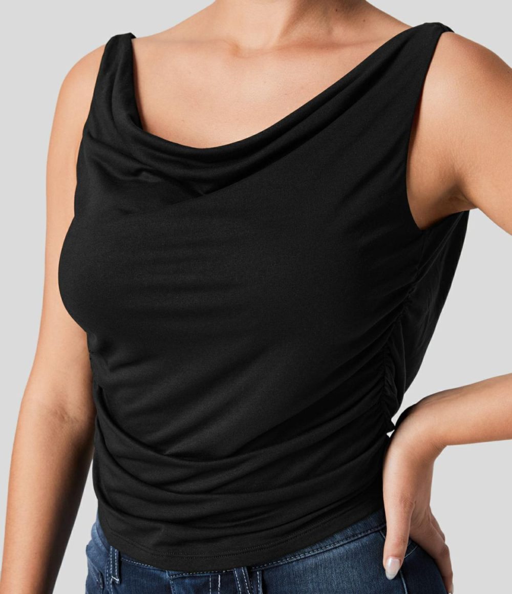 Cowl Neck Backless Adjustable Buckle Ruched Casual Tank Top  | Womens  T-Shirts Clothing Black/White