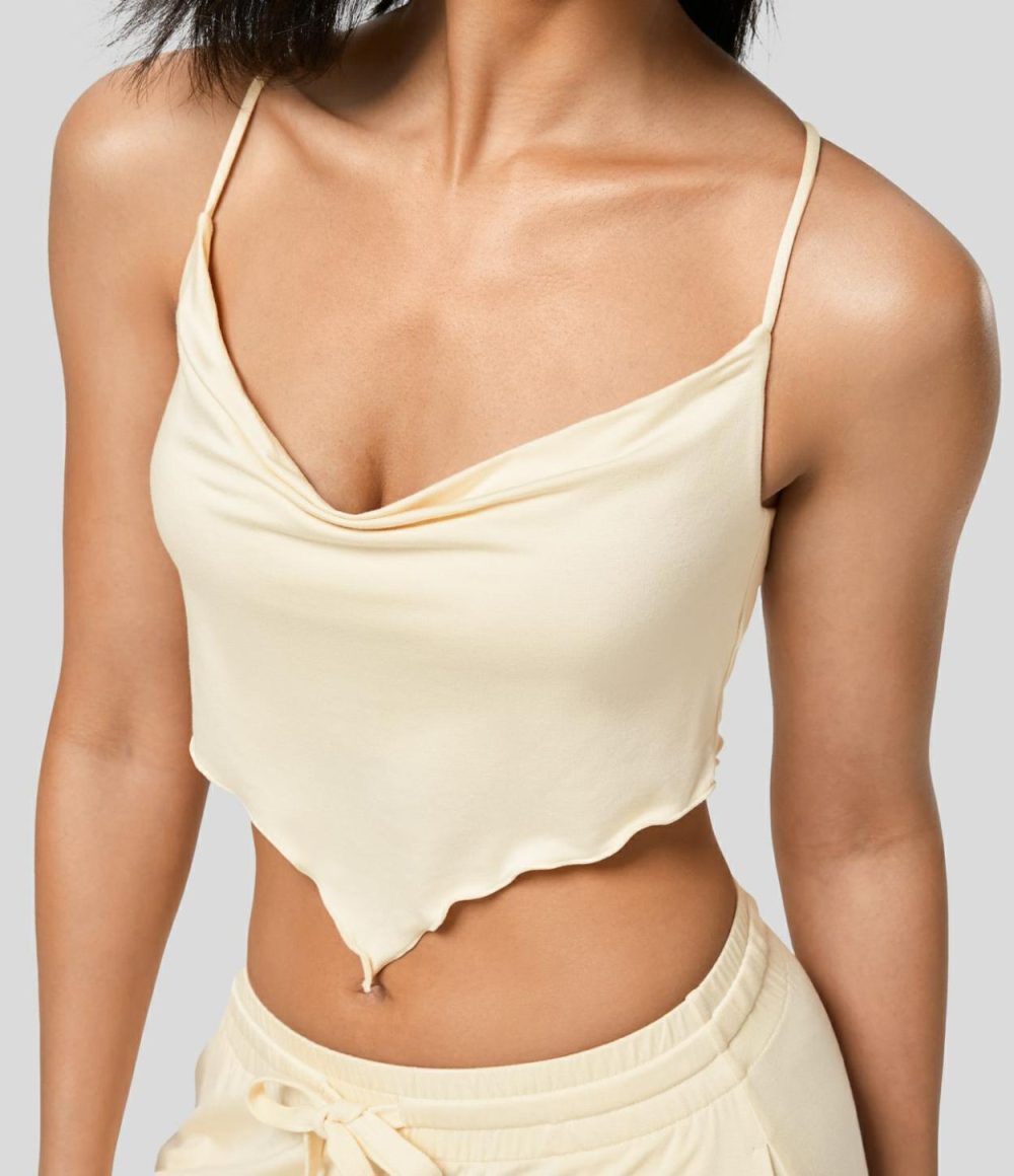 Cowl Neck Backless Crisscross Lettuce Trim Hanky Hem Cropped Yoga Cami Top  | Womens  Cropped Tops Clothing Antique White/Black