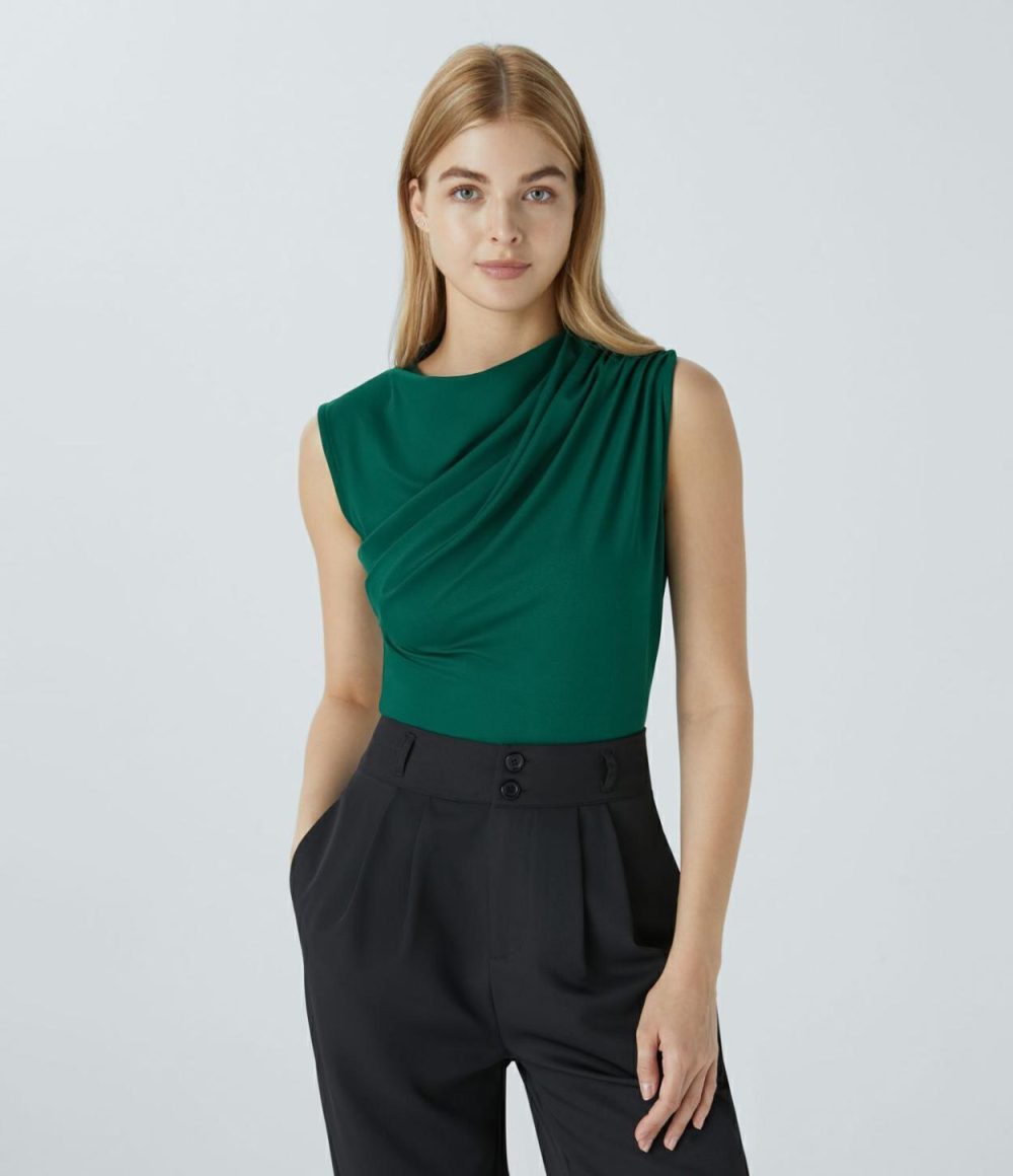 Cowl Neck Sleeveless Work Blouse  | Womens  T-Shirts Clothing Aventurine/Black