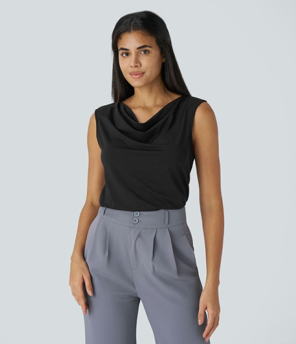 Cowl Neck Sleeveless Work Blouse  | Womens  T-Shirts Clothing Black/Rain Forest/Sandalwood Grey/Emboldened/Bleached Denim