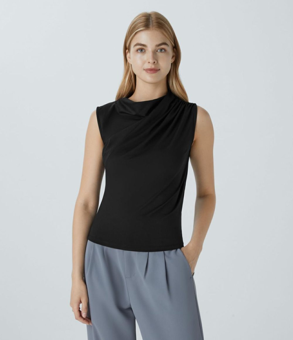 Cowl Neck Sleeveless Work Blouse  | Womens  T-Shirts Clothing Aventurine/Black