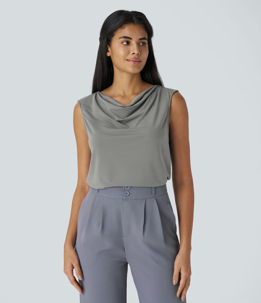 Cowl Neck Sleeveless Work Blouse  | Womens  T-Shirts Clothing Black/Rain Forest/Sandalwood Grey/Emboldened/Bleached Denim