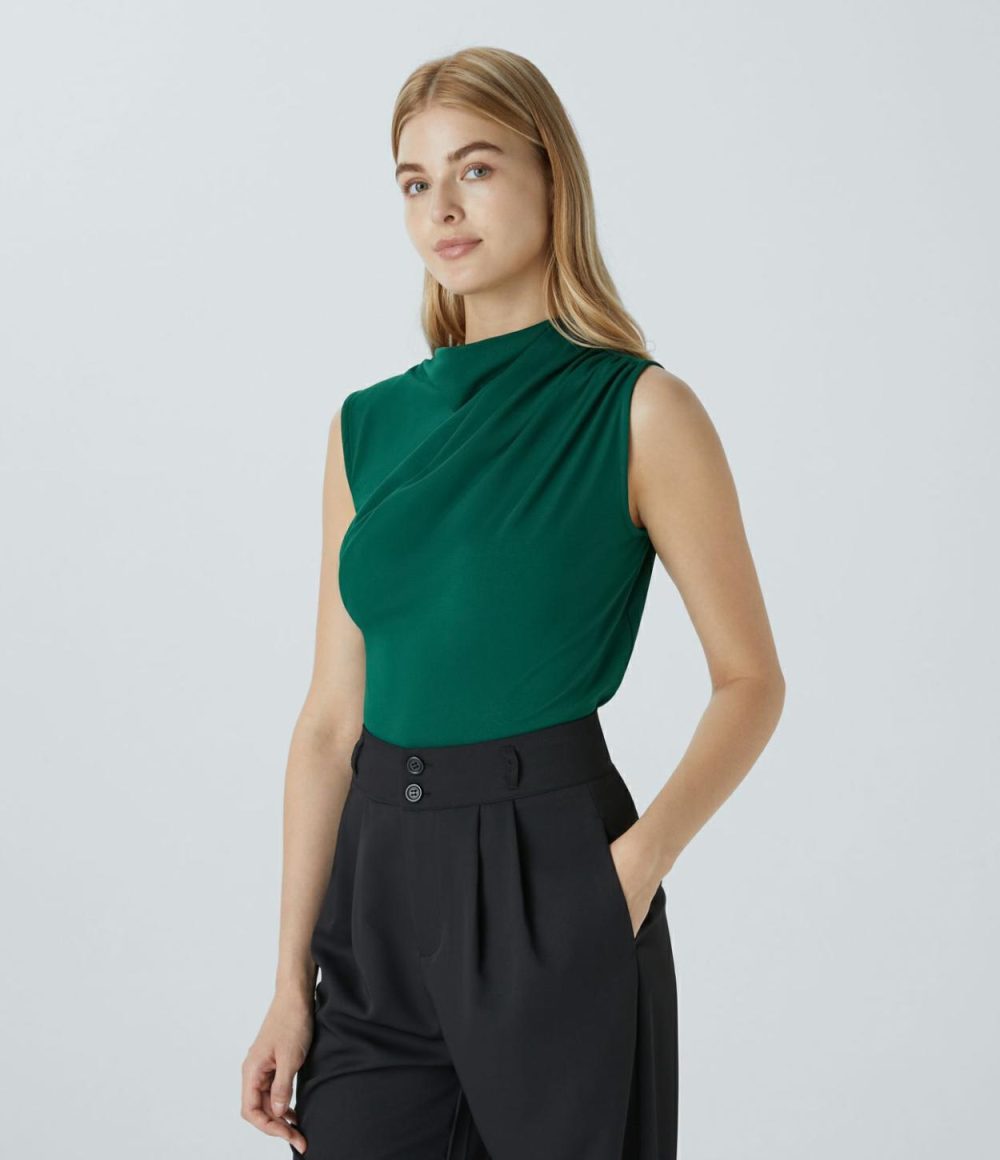 Cowl Neck Sleeveless Work Blouse  | Womens  T-Shirts Clothing Aventurine/Black