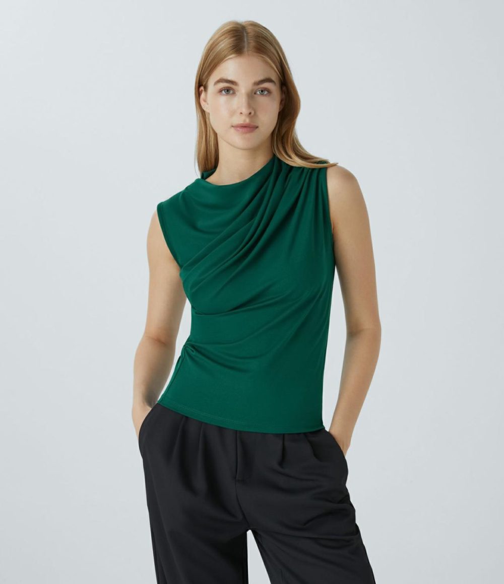 Cowl Neck Sleeveless Work Blouse  | Womens  T-Shirts Clothing Aventurine/Black