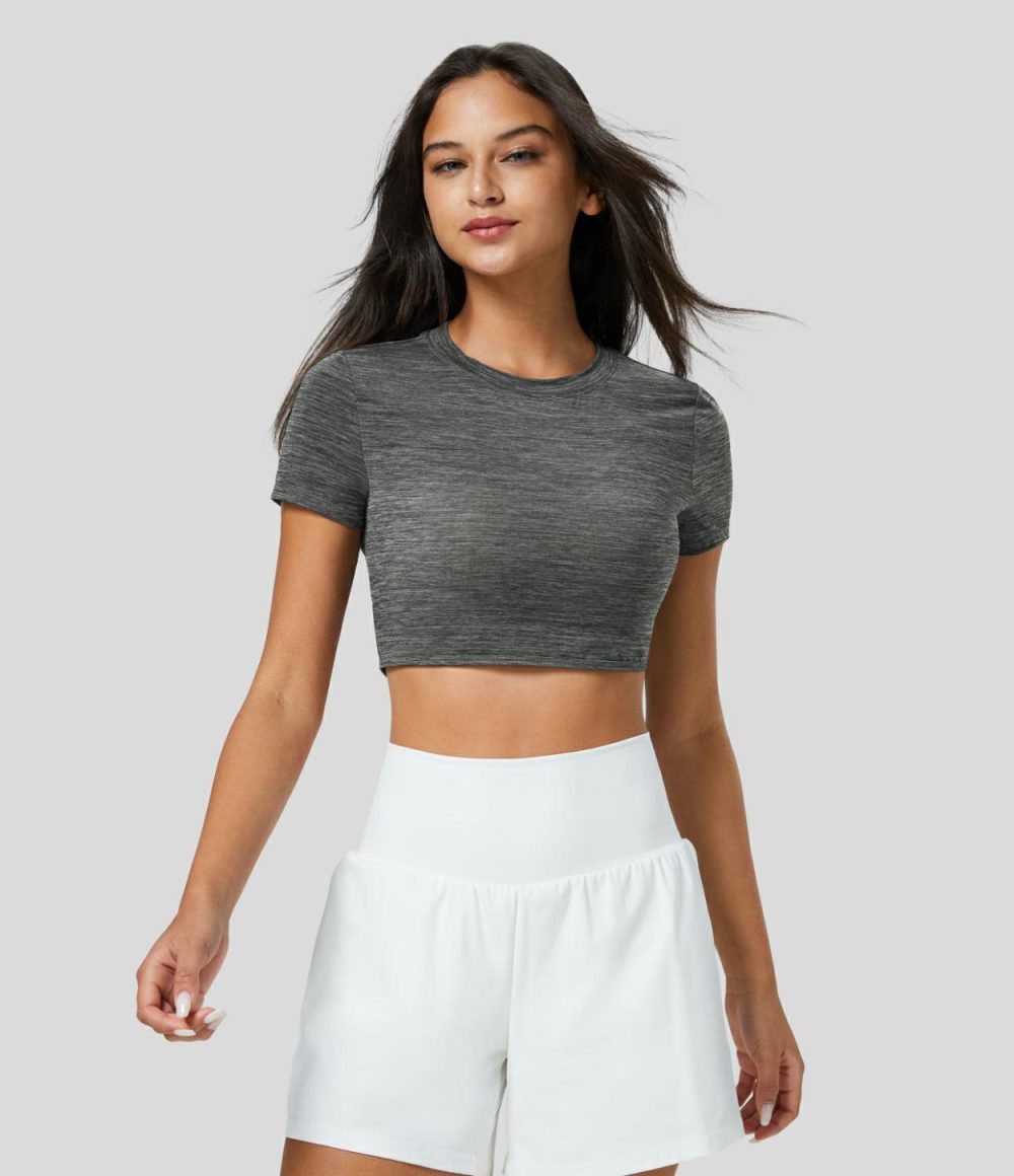 Crew Neck Short Sleeve Backless Cut Out Cropped Running Sports Top  | Womens  Sports Tops Clothing Deep Gray Texture/Green Texture