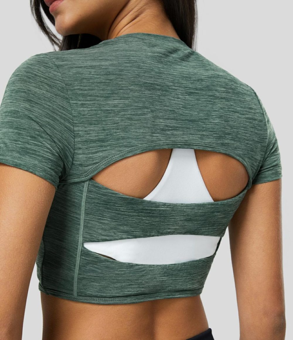 Crew Neck Short Sleeve Backless Cut Out Cropped Running Sports Top  | Womens  Sports Tops Clothing Deep Gray Texture/Green Texture