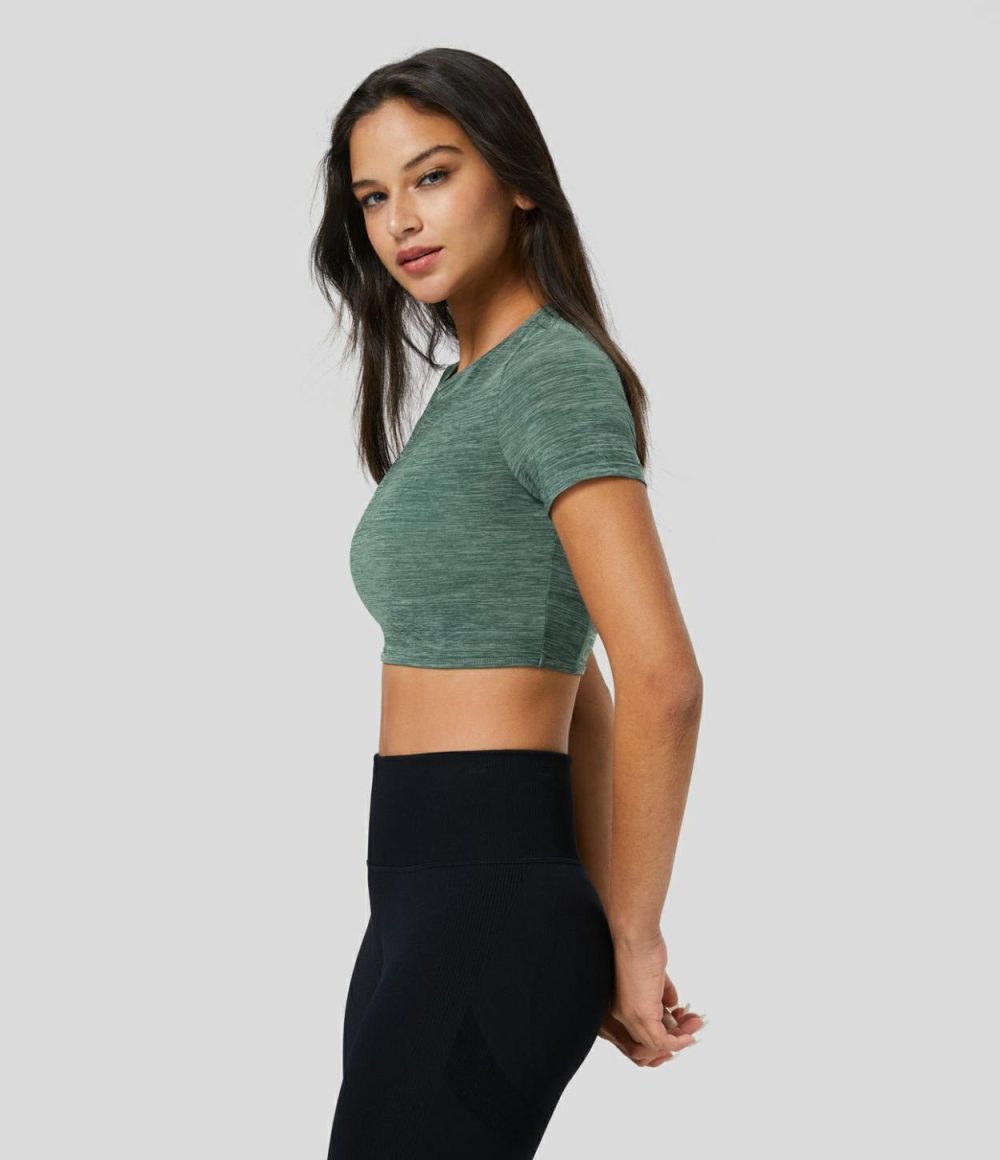 Crew Neck Short Sleeve Backless Cut Out Cropped Running Sports Top  | Womens  Sports Tops Clothing Deep Gray Texture/Green Texture