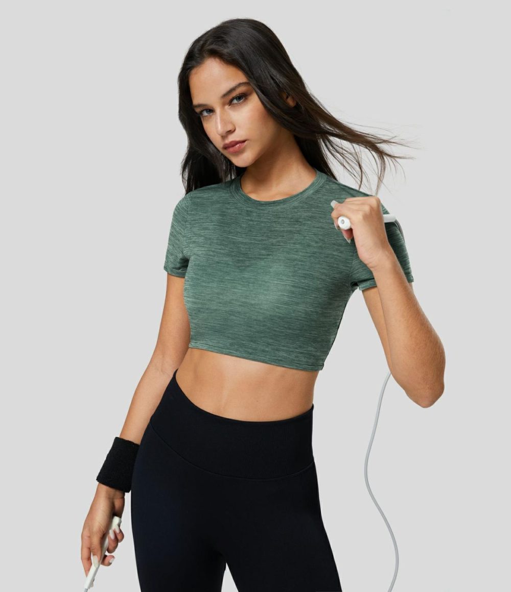 Crew Neck Short Sleeve Backless Cut Out Cropped Running Sports Top  | Womens  Sports Tops Clothing Deep Gray Texture/Green Texture