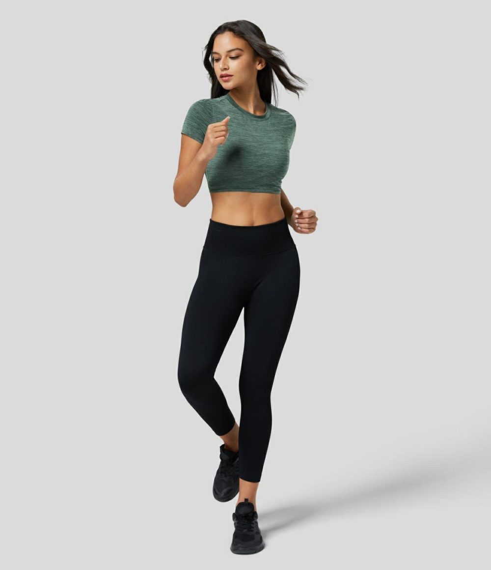 Crew Neck Short Sleeve Backless Cut Out Cropped Running Sports Top  | Womens  Sports Tops Clothing Deep Gray Texture/Green Texture