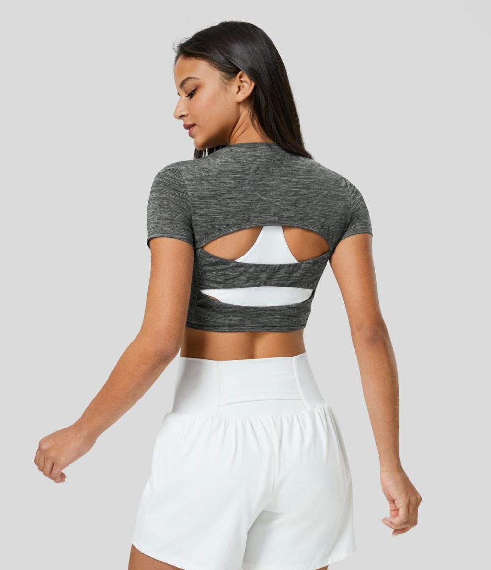 Crew Neck Short Sleeve Backless Cut Out Cropped Running Sports Top  | Womens  Sports Tops Clothing Deep Gray Texture/Green Texture