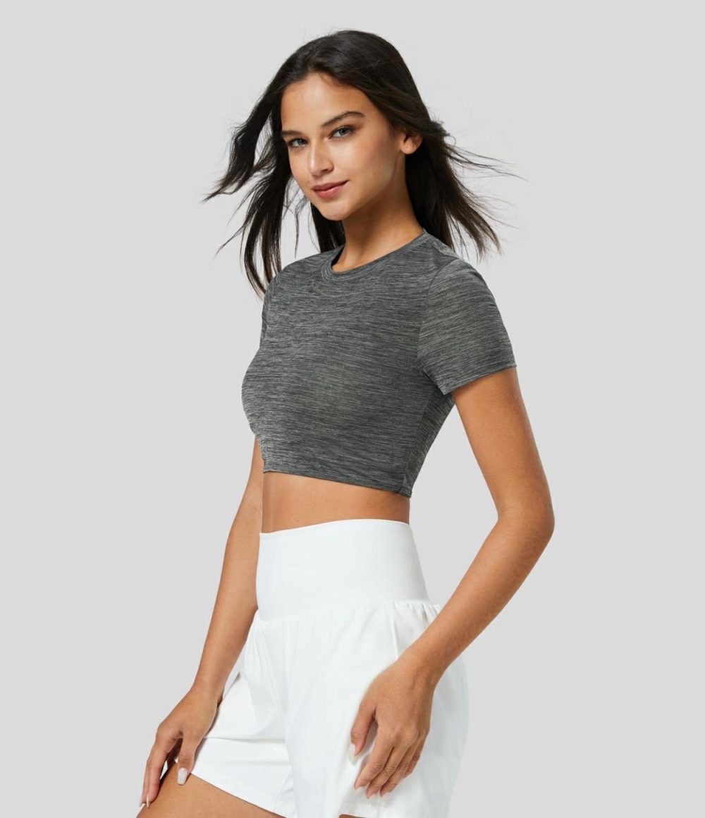 Crew Neck Short Sleeve Backless Cut Out Cropped Running Sports Top  | Womens  Sports Tops Clothing Deep Gray Texture/Green Texture