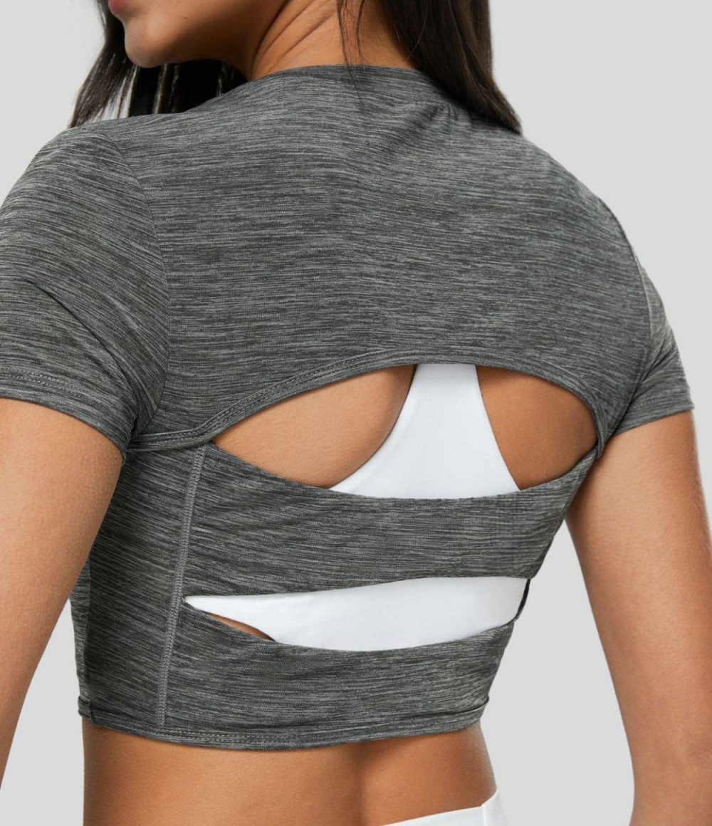 Crew Neck Short Sleeve Backless Cut Out Cropped Running Sports Top  | Womens  Sports Tops Clothing Deep Gray Texture/Green Texture