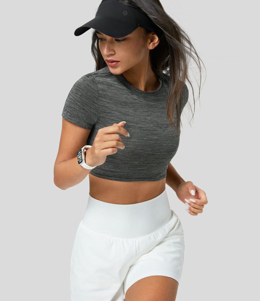 Crew Neck Short Sleeve Backless Cut Out Cropped Running Sports Top  | Womens  Sports Tops Clothing Deep Gray Texture/Green Texture