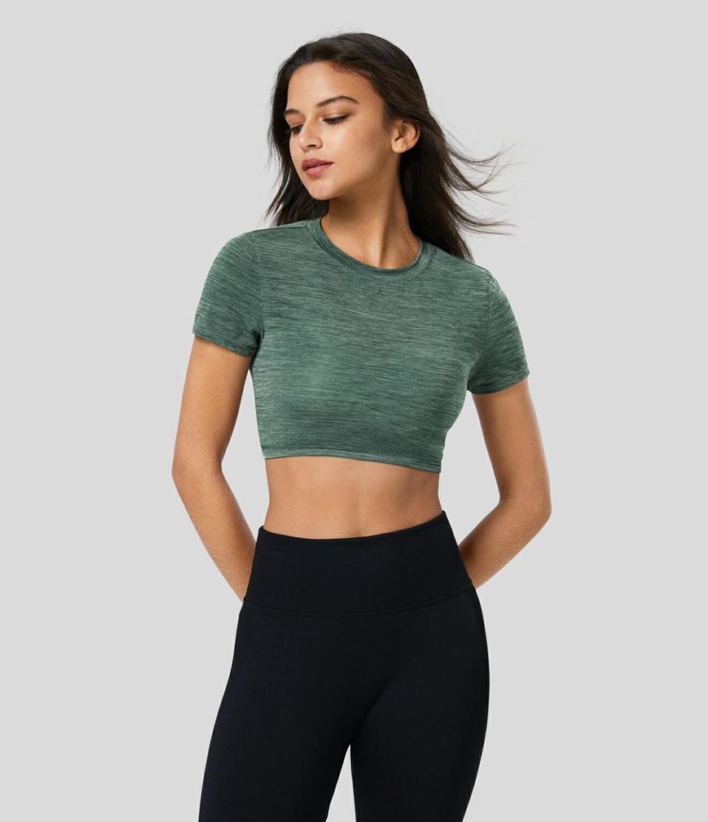 Crew Neck Short Sleeve Backless Cut Out Cropped Running Sports Top  | Womens  Sports Tops Clothing Deep Gray Texture/Green Texture