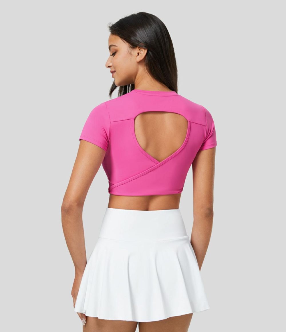 Crew Neck Short Sleeve Backless Quick Dry Cropped Tennis Sports Top  | Womens  Sports Tops Clothing Gorgeous Powder Pink/Black