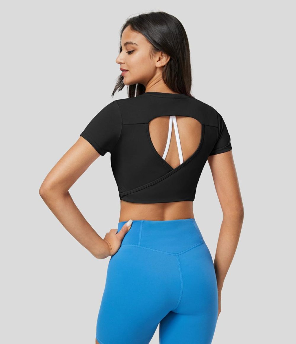 Crew Neck Short Sleeve Backless Quick Dry Cropped Tennis Sports Top  | Womens  Sports Tops Clothing Gorgeous Powder Pink/Black