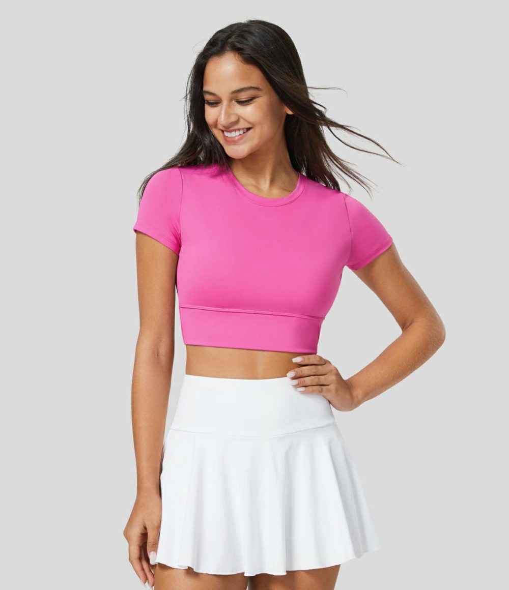 Crew Neck Short Sleeve Backless Quick Dry Cropped Tennis Sports Top  | Womens  Sports Tops Clothing Gorgeous Powder Pink/Black