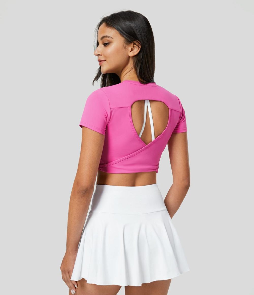 Crew Neck Short Sleeve Backless Quick Dry Cropped Tennis Sports Top  | Womens  Sports Tops Clothing Gorgeous Powder Pink/Black