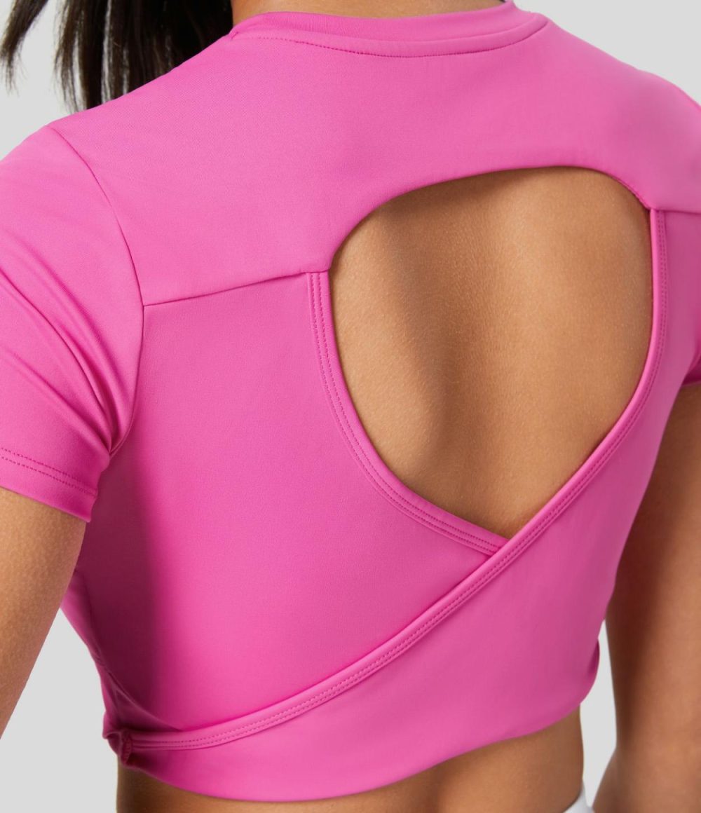 Crew Neck Short Sleeve Backless Quick Dry Cropped Tennis Sports Top  | Womens  Sports Tops Clothing Gorgeous Powder Pink/Black