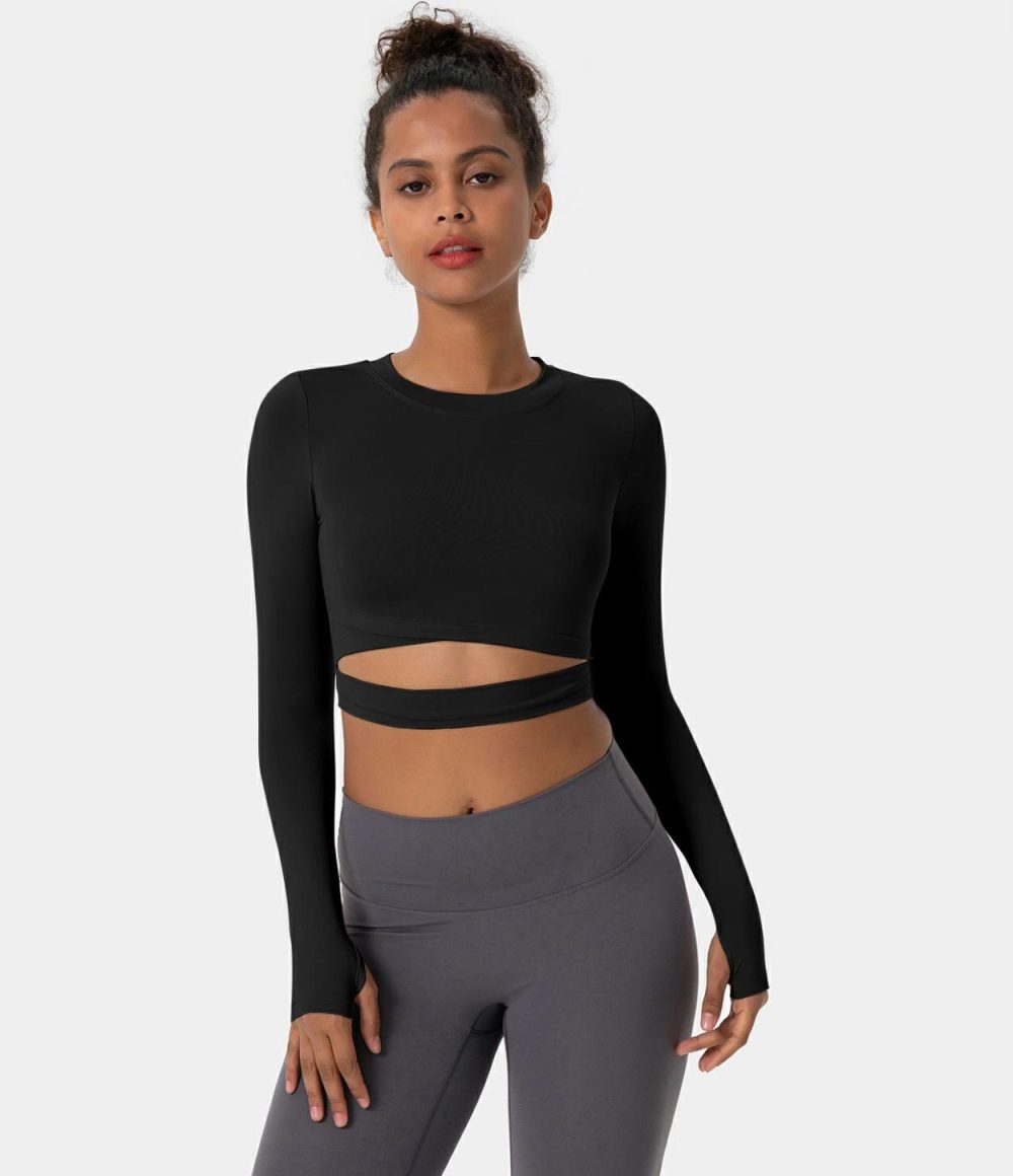 Crew Neck Thumb Hole Cut Out Cropped Sports Top  | Womens  Sports Tops Clothing Lilac Purple/Black/White/Pastel Red