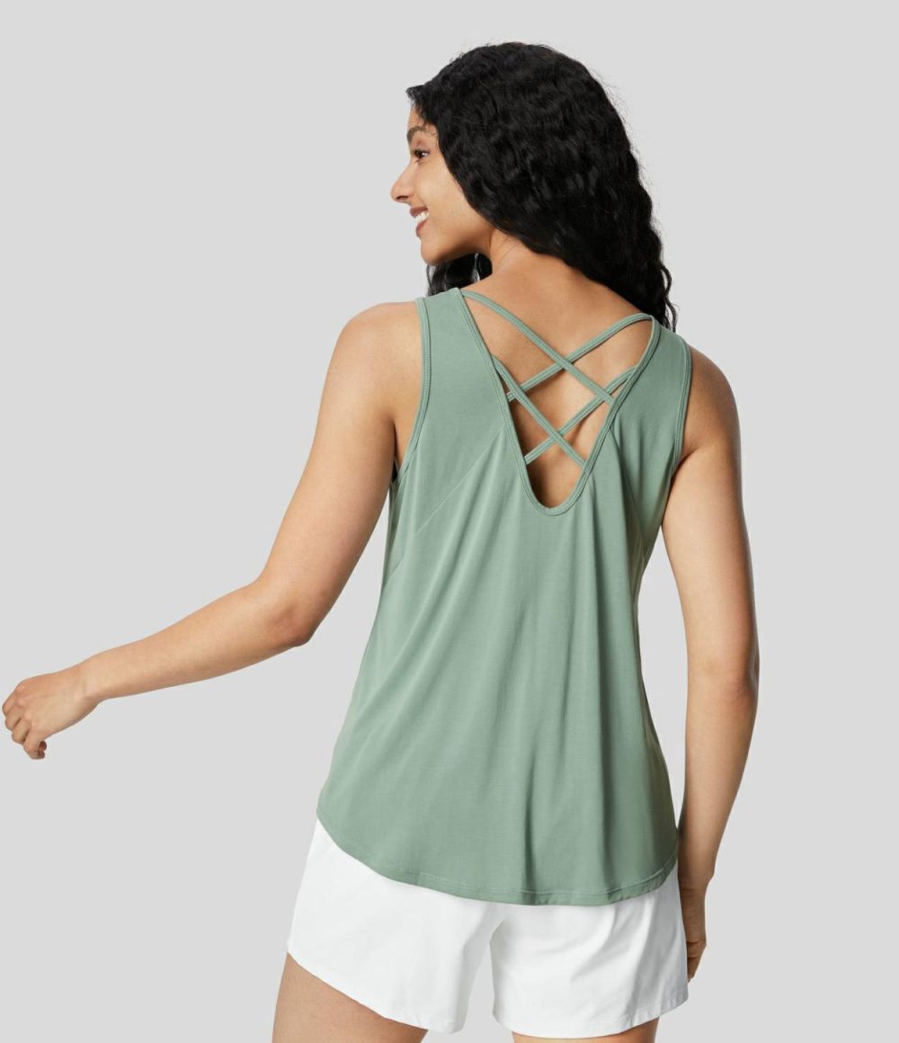 Crisscross Back Curved Hem Casual Tank Top  | Womens  T-Shirts Clothing Delicate Green/Black