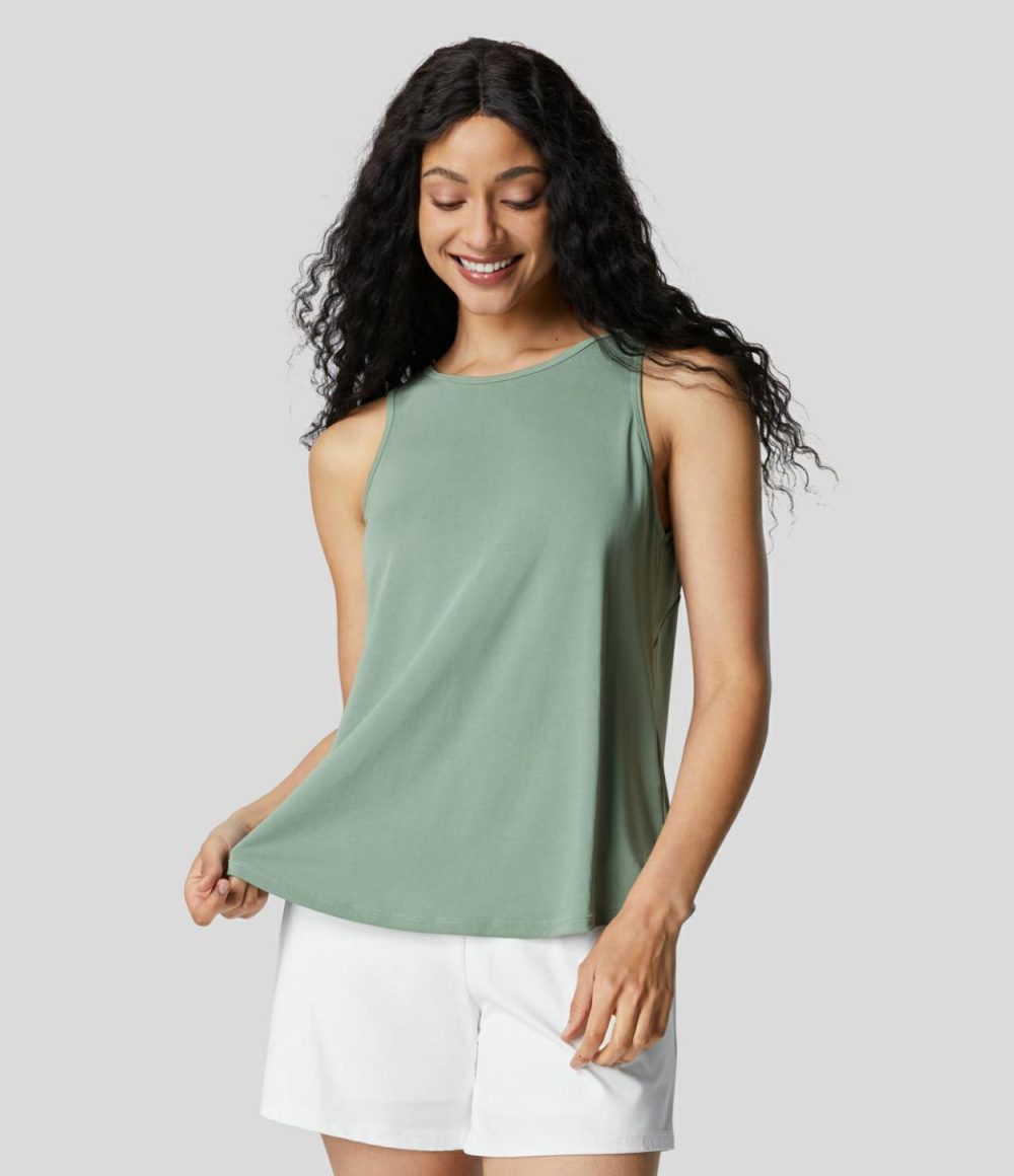 Crisscross Back Curved Hem Casual Tank Top  | Womens  T-Shirts Clothing Delicate Green/Black