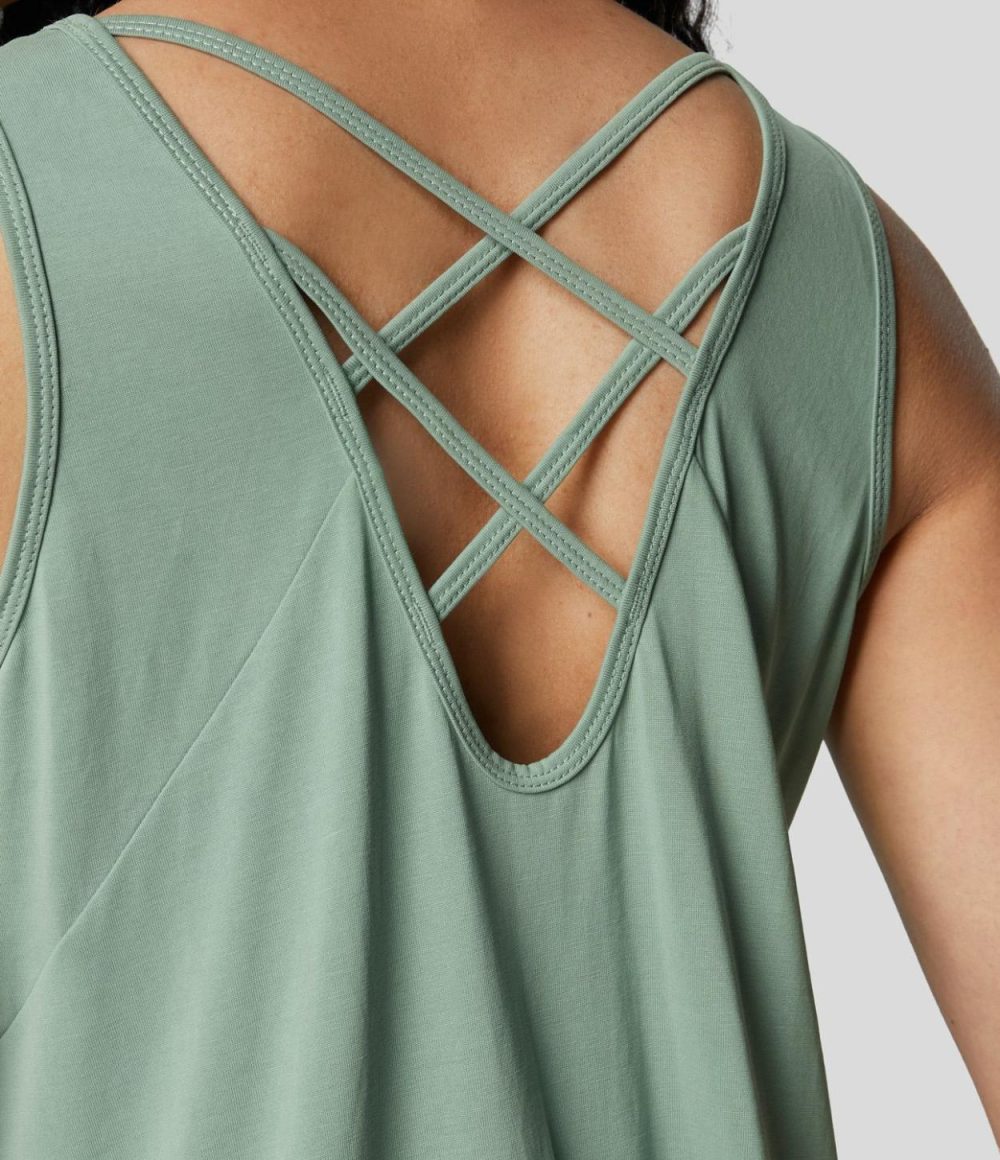 Crisscross Back Curved Hem Casual Tank Top  | Womens  T-Shirts Clothing Delicate Green/Black