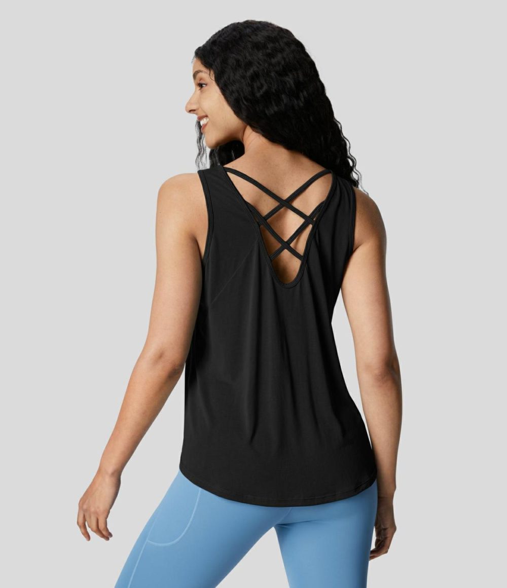 Crisscross Back Curved Hem Casual Tank Top  | Womens  T-Shirts Clothing Delicate Green/Black