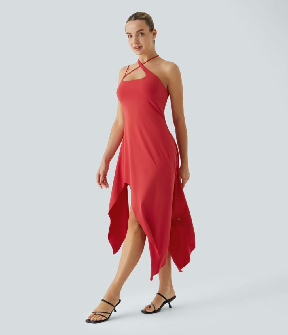 Crisscross Backless Asymmetric Hanky Hem 2-Piece Side Pocket Flowy Slip Casual Dress  | Womens  Active Dresses Active Dresses Active Dresses