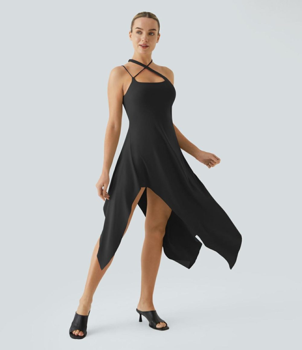 Crisscross Backless Asymmetric Hanky Hem 2-Piece Side Pocket Flowy Slip Casual Dress  | Womens  Active Dresses Active Dresses Active Dresses