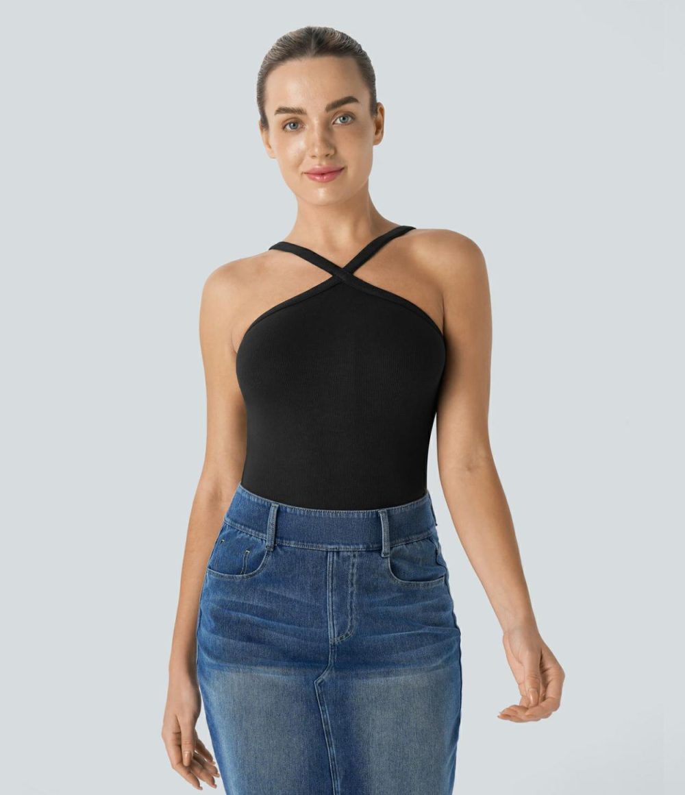 Crisscross Backless Casual Tank Top  | Womens  T-Shirts Clothing Marine Blue/Black