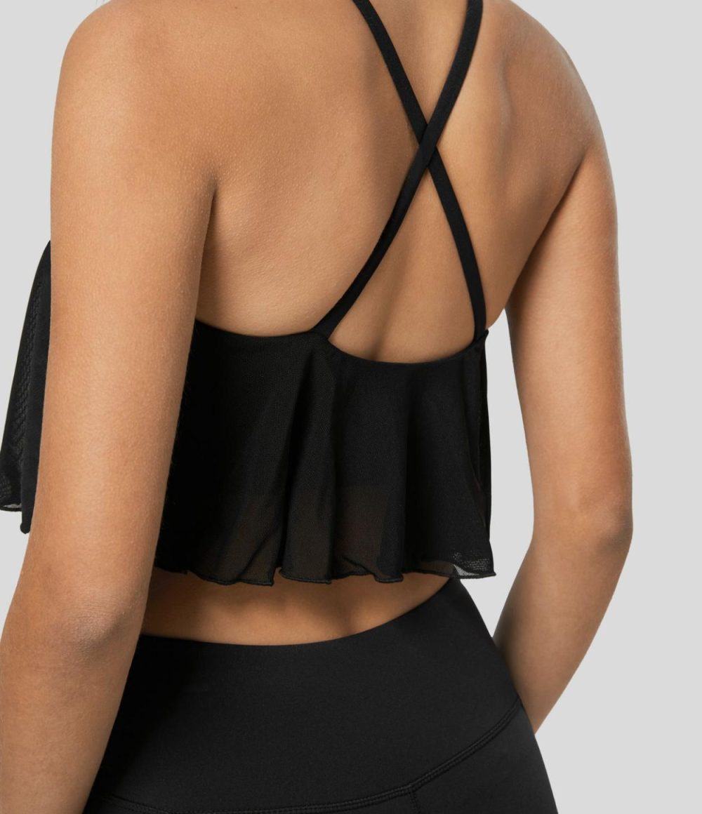 Crisscross Backless Contrast Mesh Cropped Yoga Cami Top  | Womens  Cropped Tops Clothing Cropped Tops