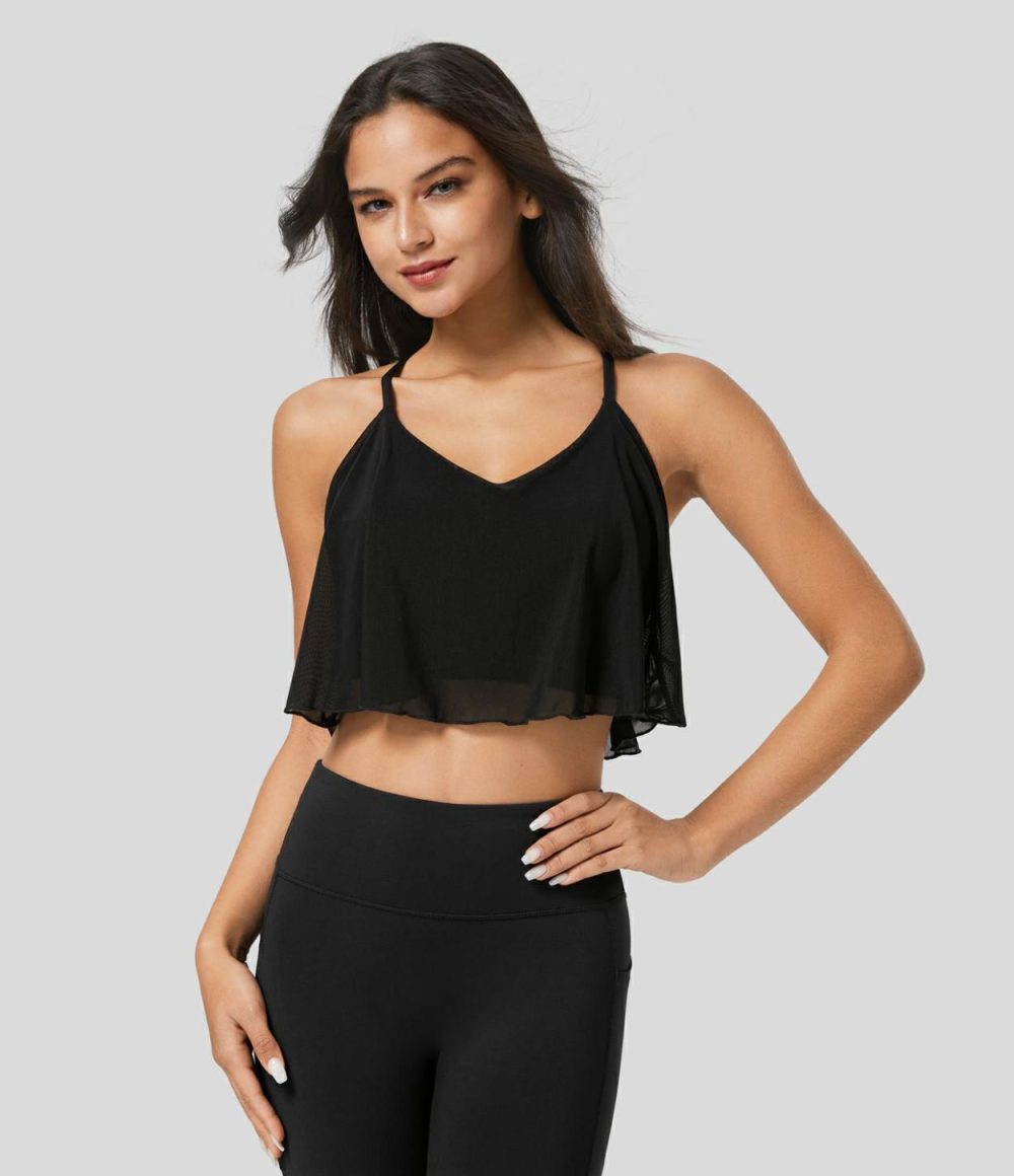 Crisscross Backless Contrast Mesh Cropped Yoga Cami Top  | Womens  Cropped Tops Clothing Cropped Tops