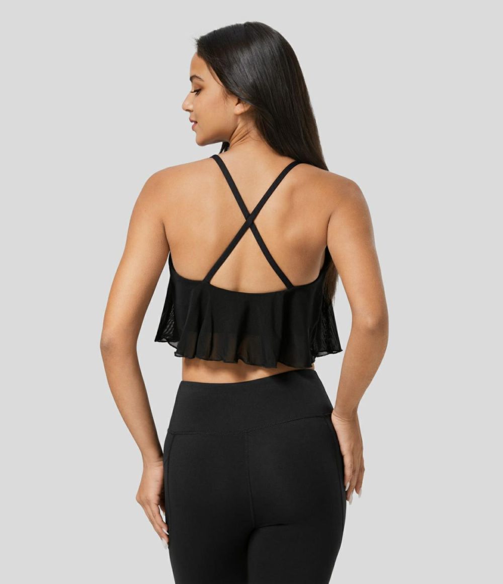 Crisscross Backless Contrast Mesh Cropped Yoga Cami Top  | Womens  Cropped Tops Clothing Cropped Tops